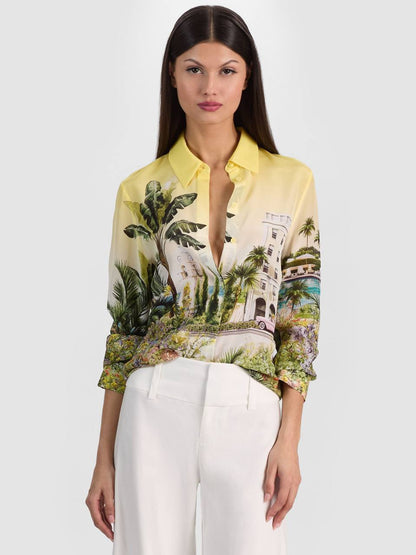 AO Willa Silk Shirt in Blue Palms & Yellow Pure Paradise