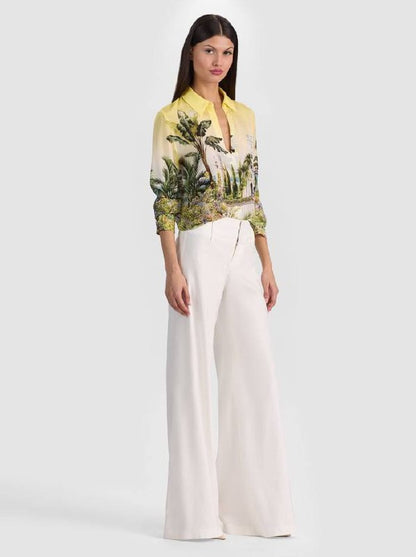 AO Willa Silk Shirt in Blue Palms & Yellow Pure Paradise