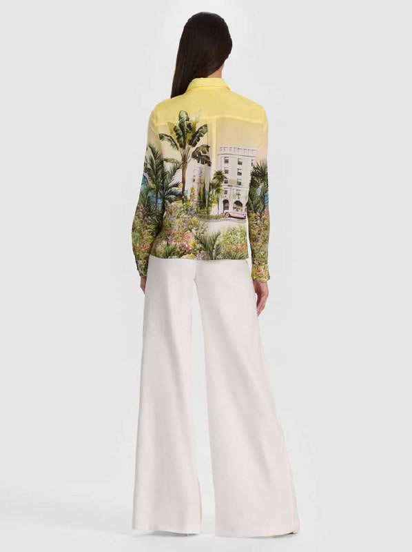 AO Willa Silk Shirt in Blue Palms & Yellow Pure Paradise