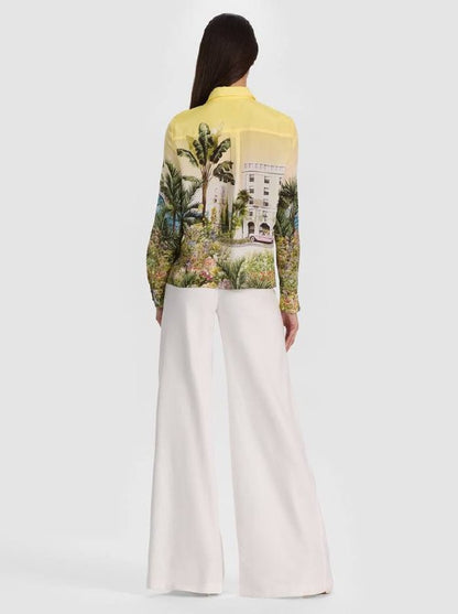 AO Willa Silk Shirt in Blue Palms & Yellow Pure Paradise