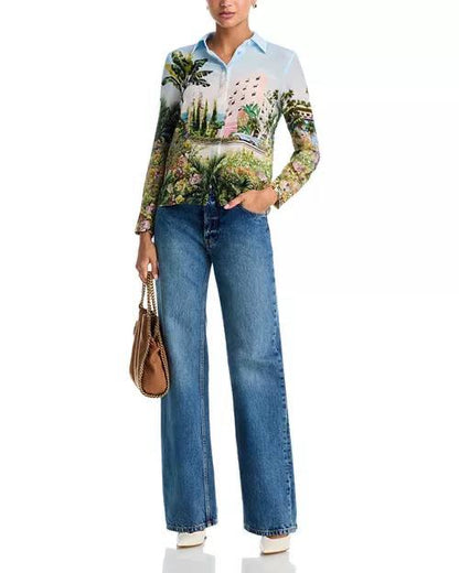 AO Willa Silk Shirt in Blue Palms & Yellow Pure Paradise
