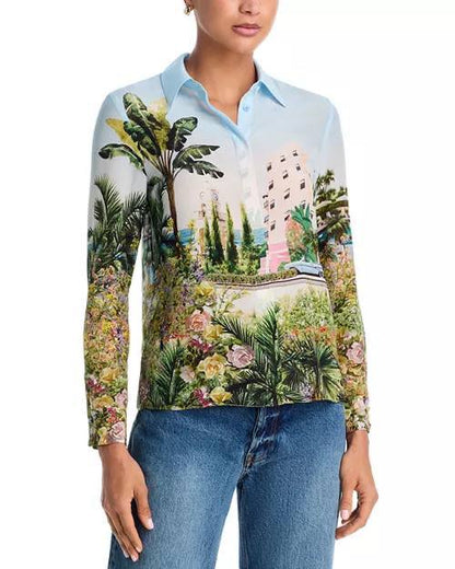 AO Willa Silk Shirt in Blue Palms & Yellow Pure Paradise
