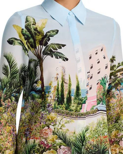 AO Willa Silk Shirt in Blue Palms & Yellow Pure Paradise