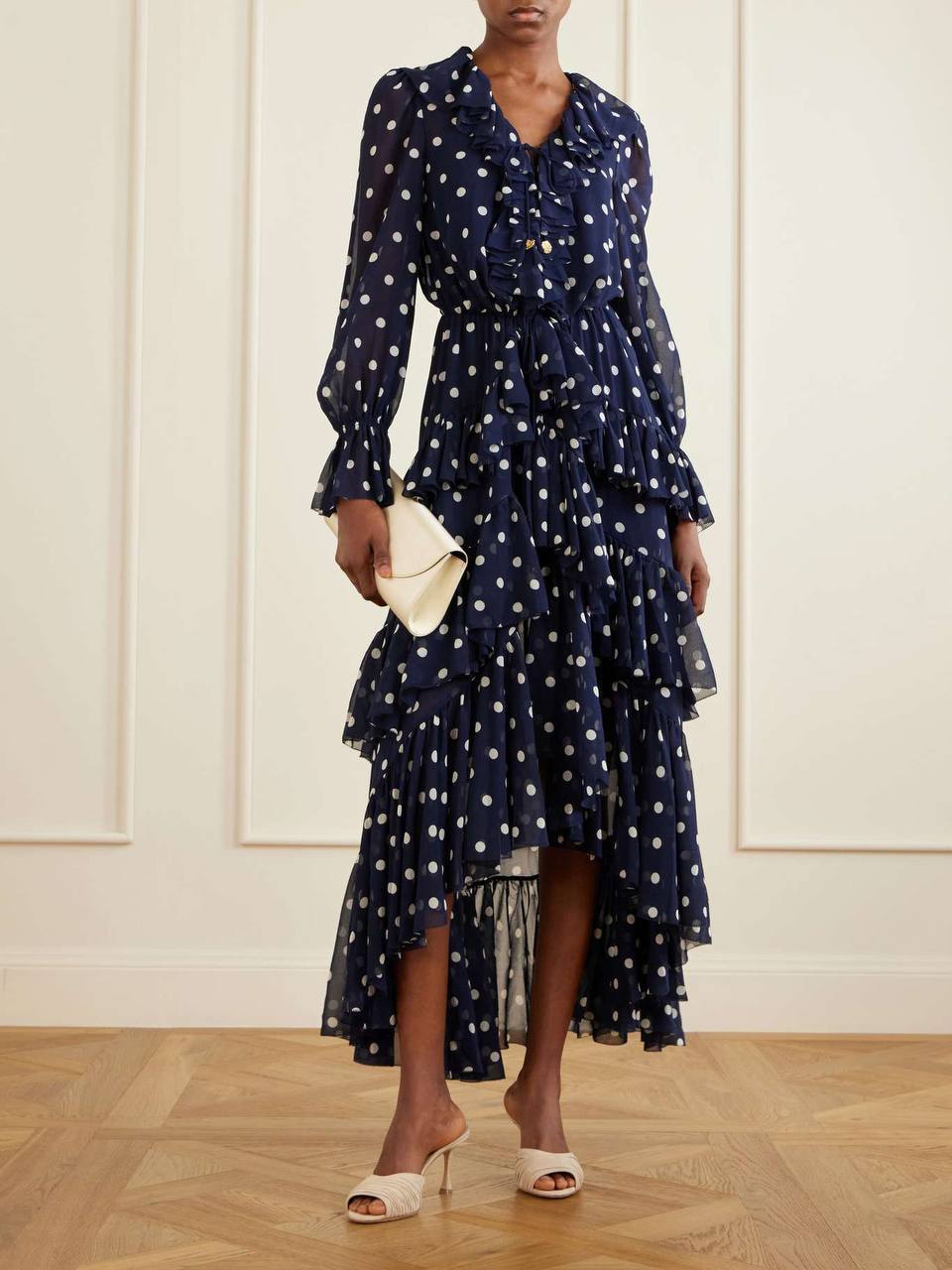 SP Georgette Ruffled Polka-Dot Midi Dress