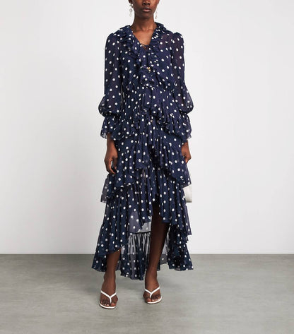 SP Georgette Ruffled Polka-Dot Midi Dress