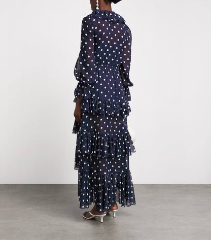 SP Georgette Ruffled Polka-Dot Midi Dress