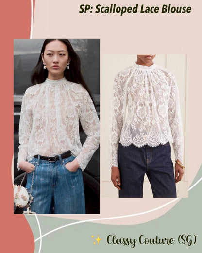 SP White Scalloped-hem Sheer Lace Long Sleeve Blouse Top