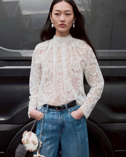 SP White Scalloped-hem Sheer Lace Long Sleeve Blouse Top