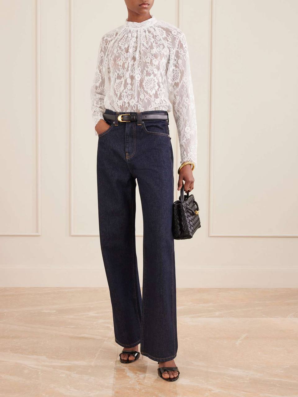 SP White Scalloped-hem Sheer Lace Long Sleeve Blouse Top