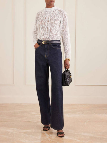 SP White Scalloped-hem Sheer Lace Long Sleeve Blouse Top