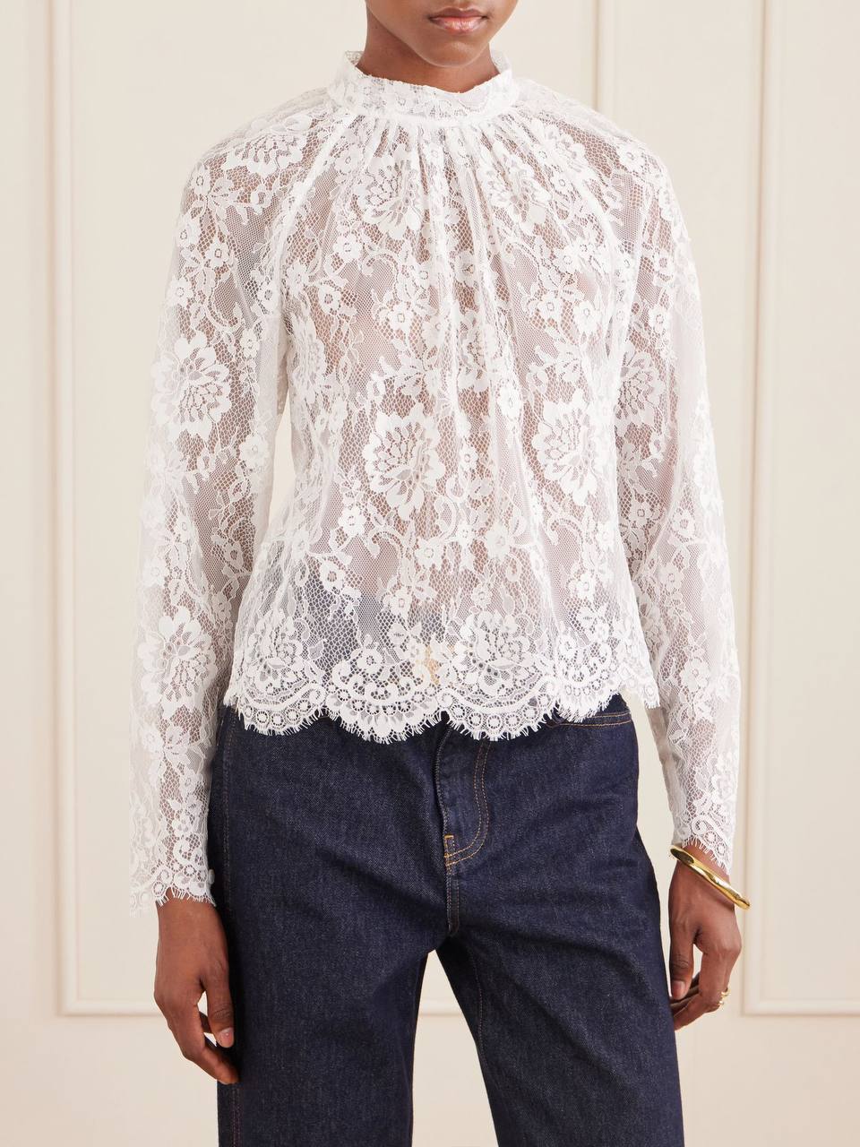 SP White Scalloped-hem Sheer Lace Long Sleeve Blouse Top