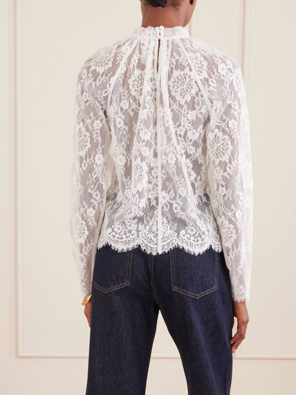 SP White Scalloped-hem Sheer Lace Long Sleeve Blouse Top