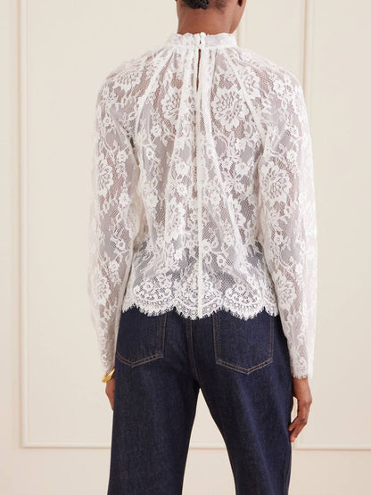 SP White Scalloped-hem Sheer Lace Long Sleeve Blouse Top