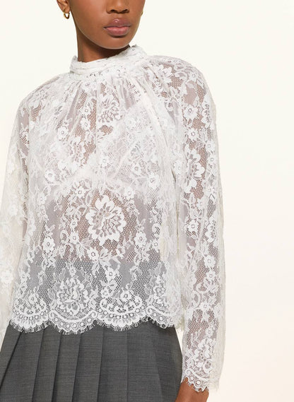 SP White Scalloped-hem Sheer Lace Long Sleeve Blouse Top