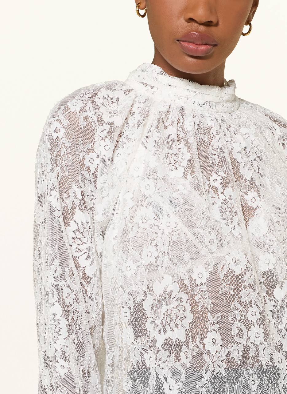 SP White Scalloped-hem Sheer Lace Long Sleeve Blouse Top