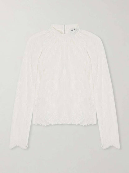 SP White Scalloped-hem Sheer Lace Long Sleeve Blouse Top