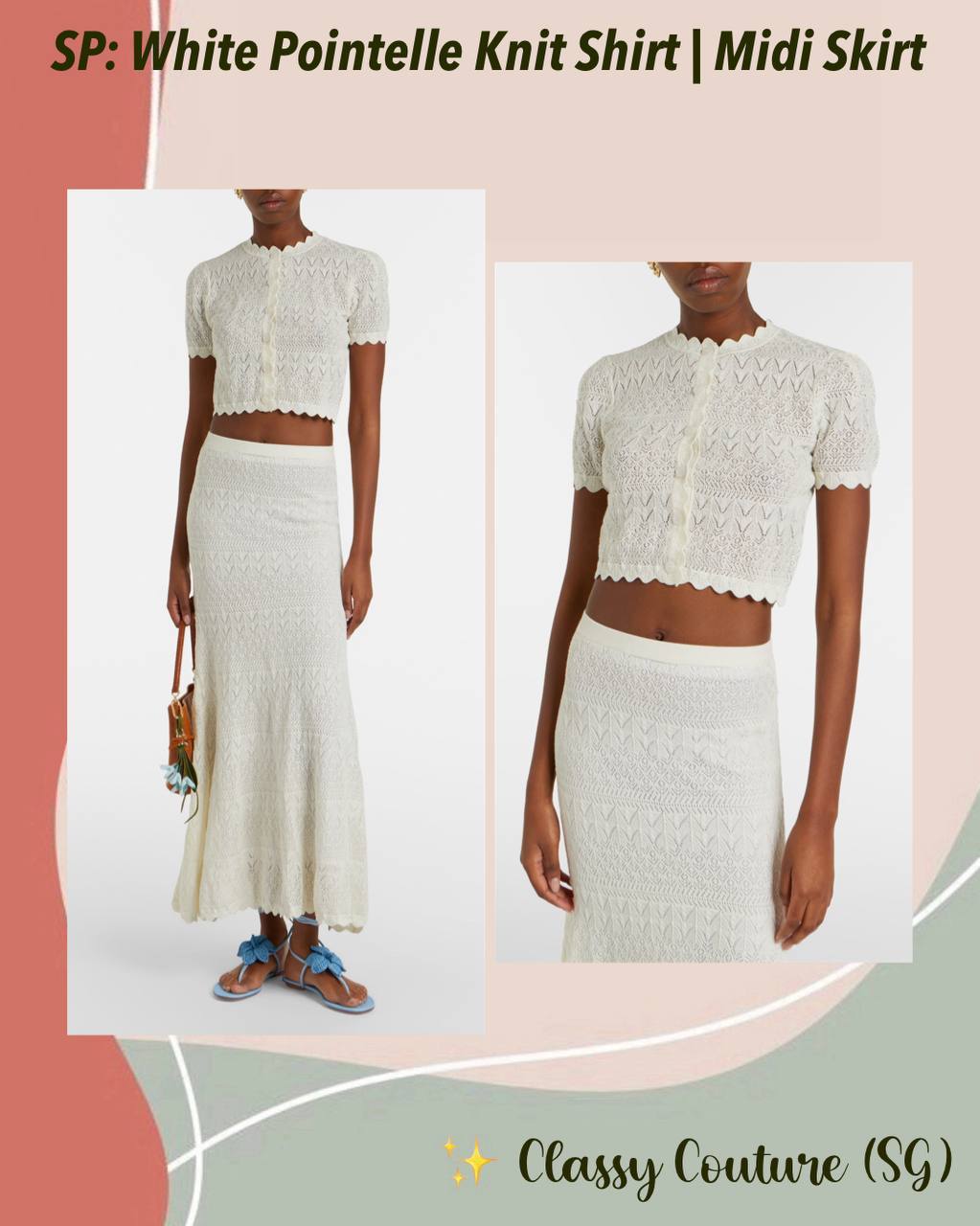 SP White Sheer Pointelle Knit Crop Top | Midi Skirt | Crochet Scallop-edge Set