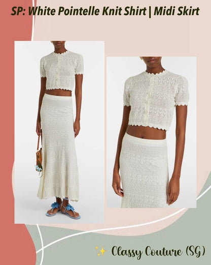 SP White Sheer Pointelle Knit Crop Top | Midi Skirt | Crochet Scallop-edge Set