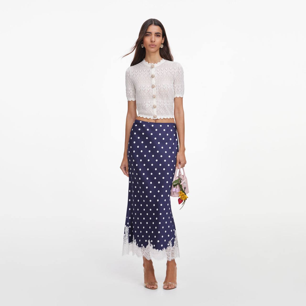 SP White Sheer Pointelle Knit Crop Top | Midi Skirt | Crochet Scallop-edge Set