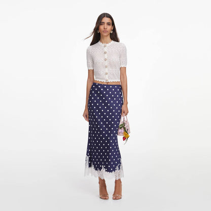 SP White Sheer Pointelle Knit Crop Top | Midi Skirt | Crochet Scallop-edge Set
