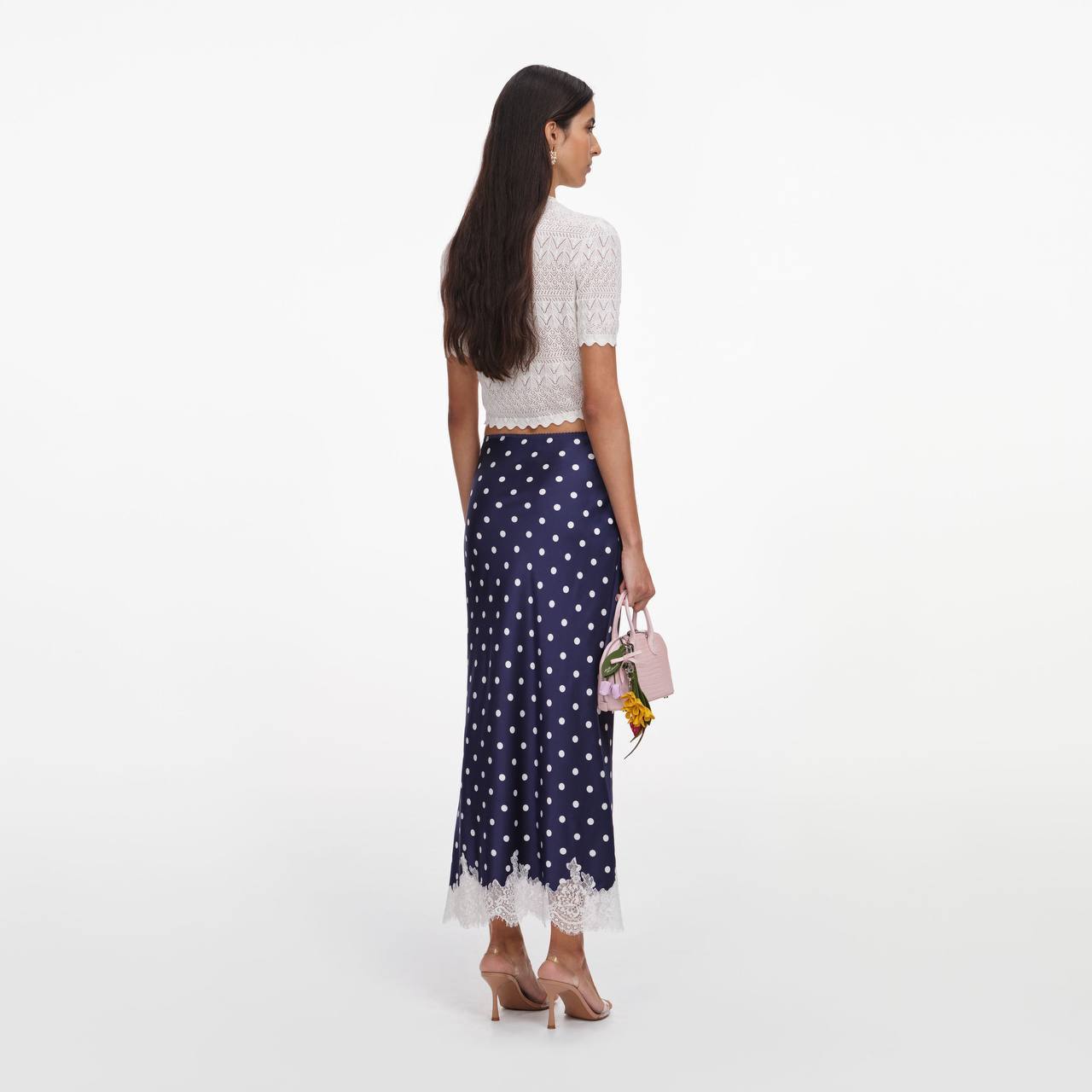 SP White Sheer Pointelle Knit Crop Top | Midi Skirt | Crochet Scallop-edge Set