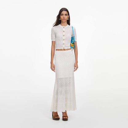 SP White Sheer Pointelle Knit Crop Top | Midi Skirt | Crochet Scallop-edge Set