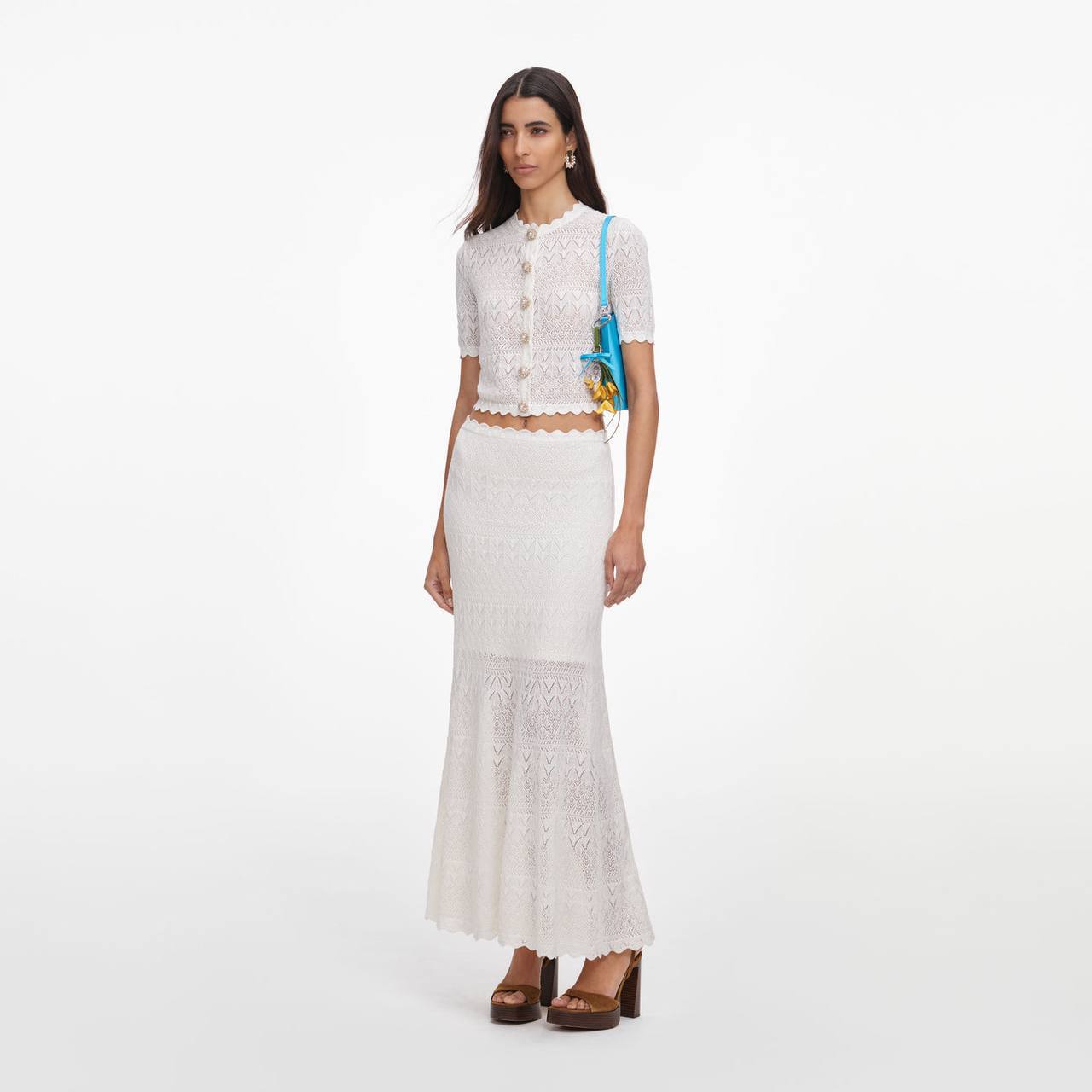 SP White Sheer Pointelle Knit Crop Top | Midi Skirt | Crochet Scallop-edge Set