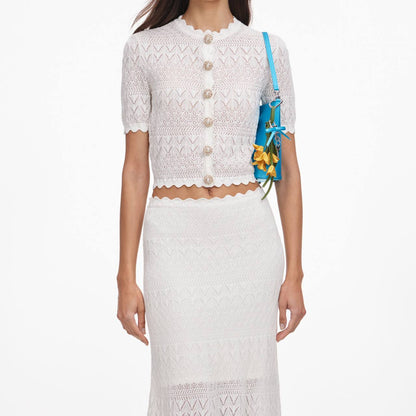 SP White Sheer Pointelle Knit Crop Top | Midi Skirt | Crochet Scallop-edge Set
