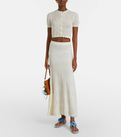 SP White Sheer Pointelle Knit Crop Top | Midi Skirt | Crochet Scallop-edge Set