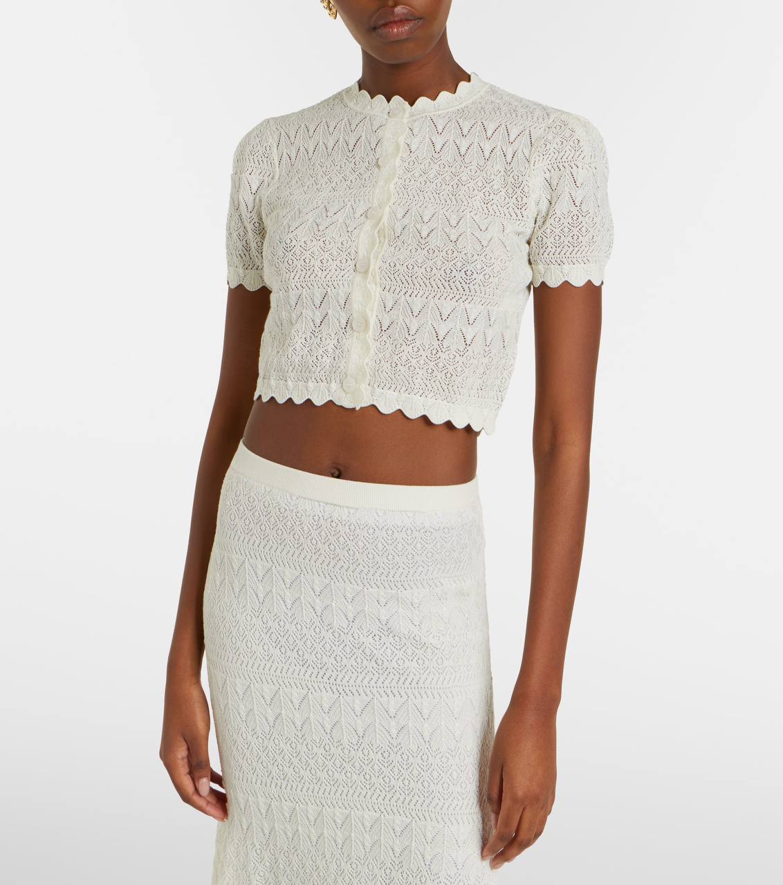 SP White Sheer Pointelle Knit Crop Top | Midi Skirt | Crochet Scallop-edge Set