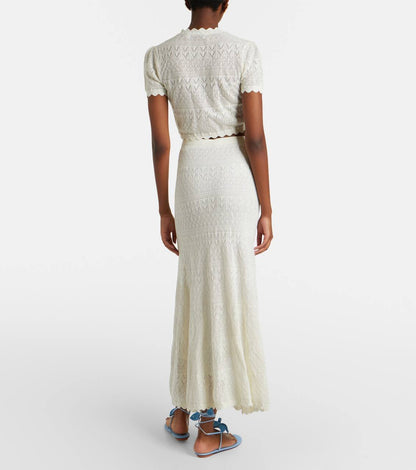 SP White Sheer Pointelle Knit Crop Top | Midi Skirt | Crochet Scallop-edge Set
