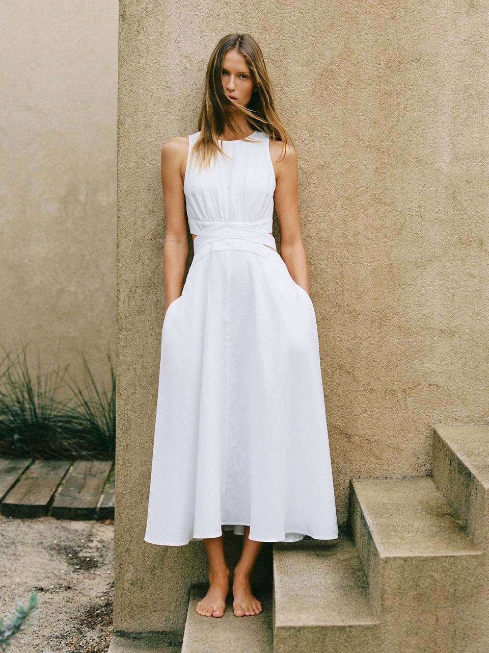 RS Hazel Linen-Cotton Cut-Out Midi Dress