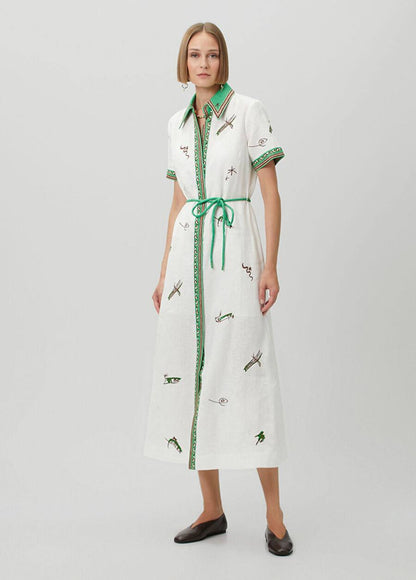 ALM Wanda White Embroidered Midi Linen Dress