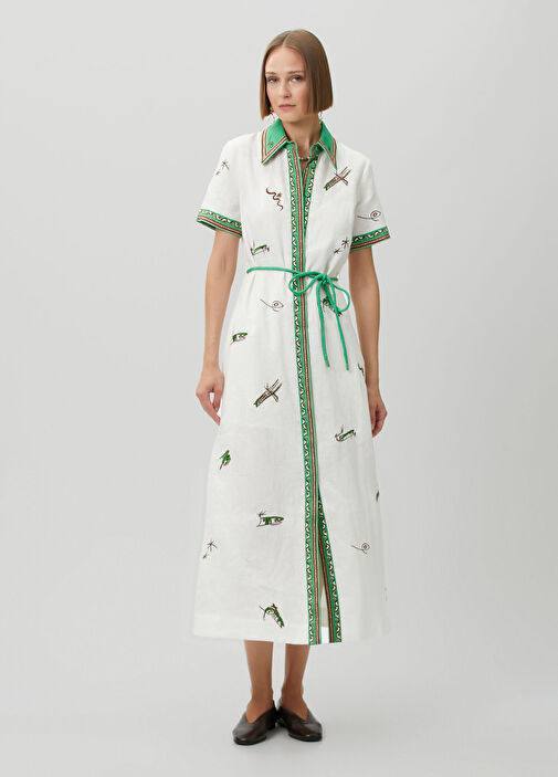 ALM Wanda White Embroidered Midi Linen Dress