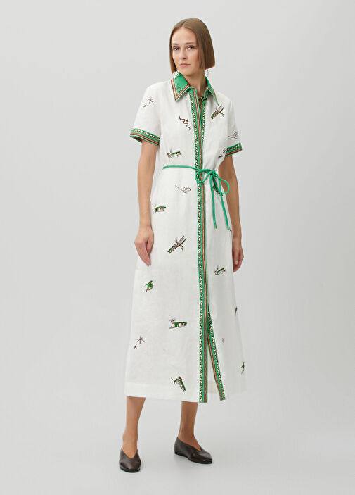 ALM Wanda White Embroidered Midi Linen Dress
