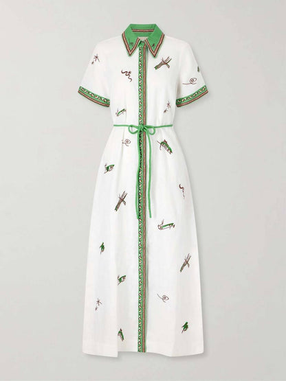 ALM Wanda White Embroidered Midi Linen Dress