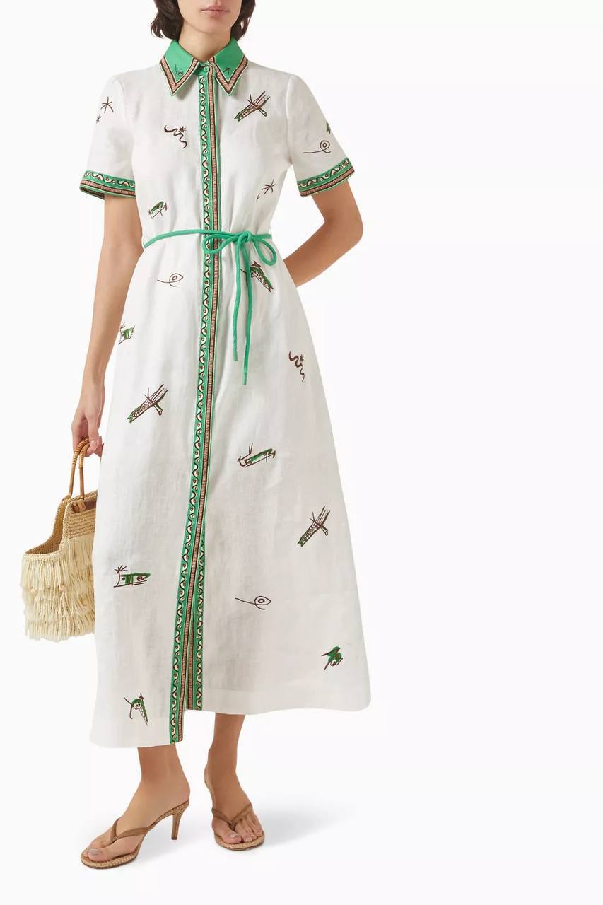 ALM Wanda White Embroidered Midi Linen Dress