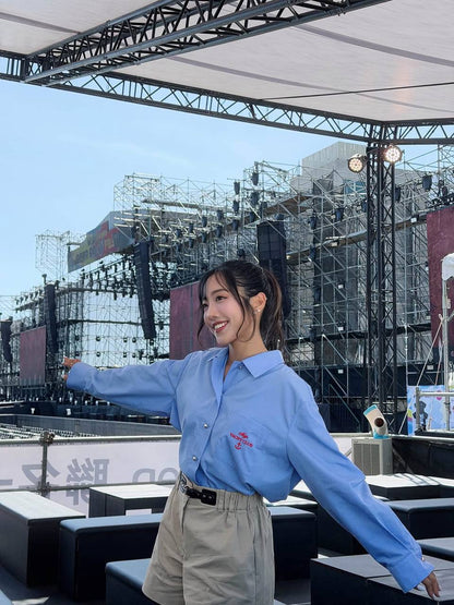 MJ Embroidered Pleated Cropped Shirt