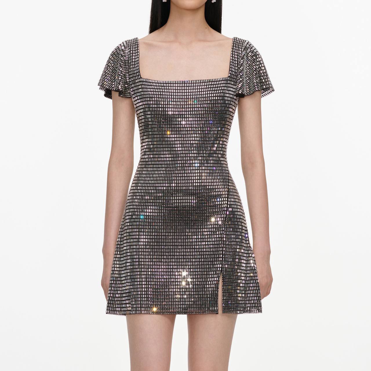 SP Grey Rhinestone Mesh Mini Dress