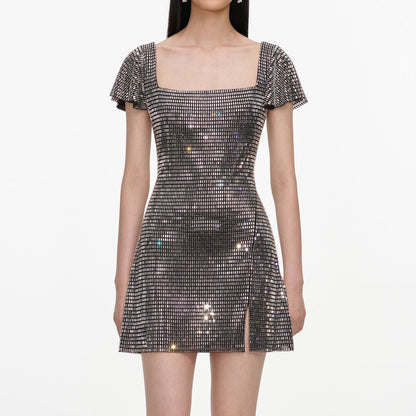 SP Grey Rhinestone Mesh Mini Dress