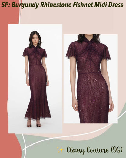 SP Burgundy Rhinestone Fishnet Midi Dress