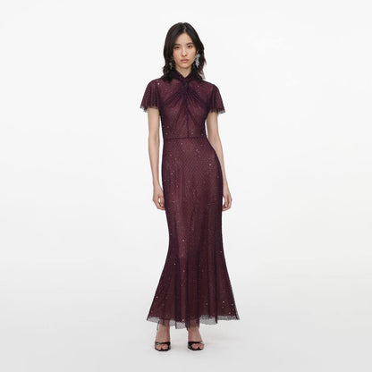 SP Burgundy Rhinestone Fishnet Midi Dress