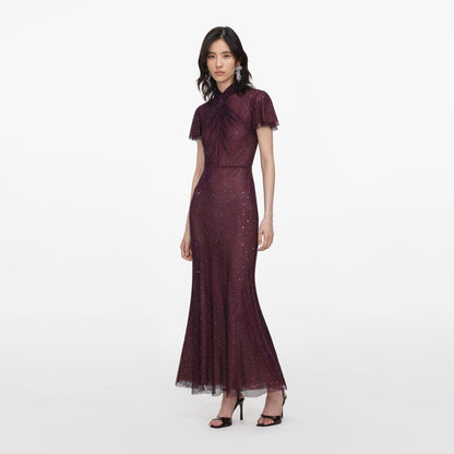 SP Burgundy Rhinestone Fishnet Midi Dress
