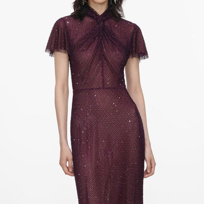 SP Burgundy Rhinestone Fishnet Midi Dress