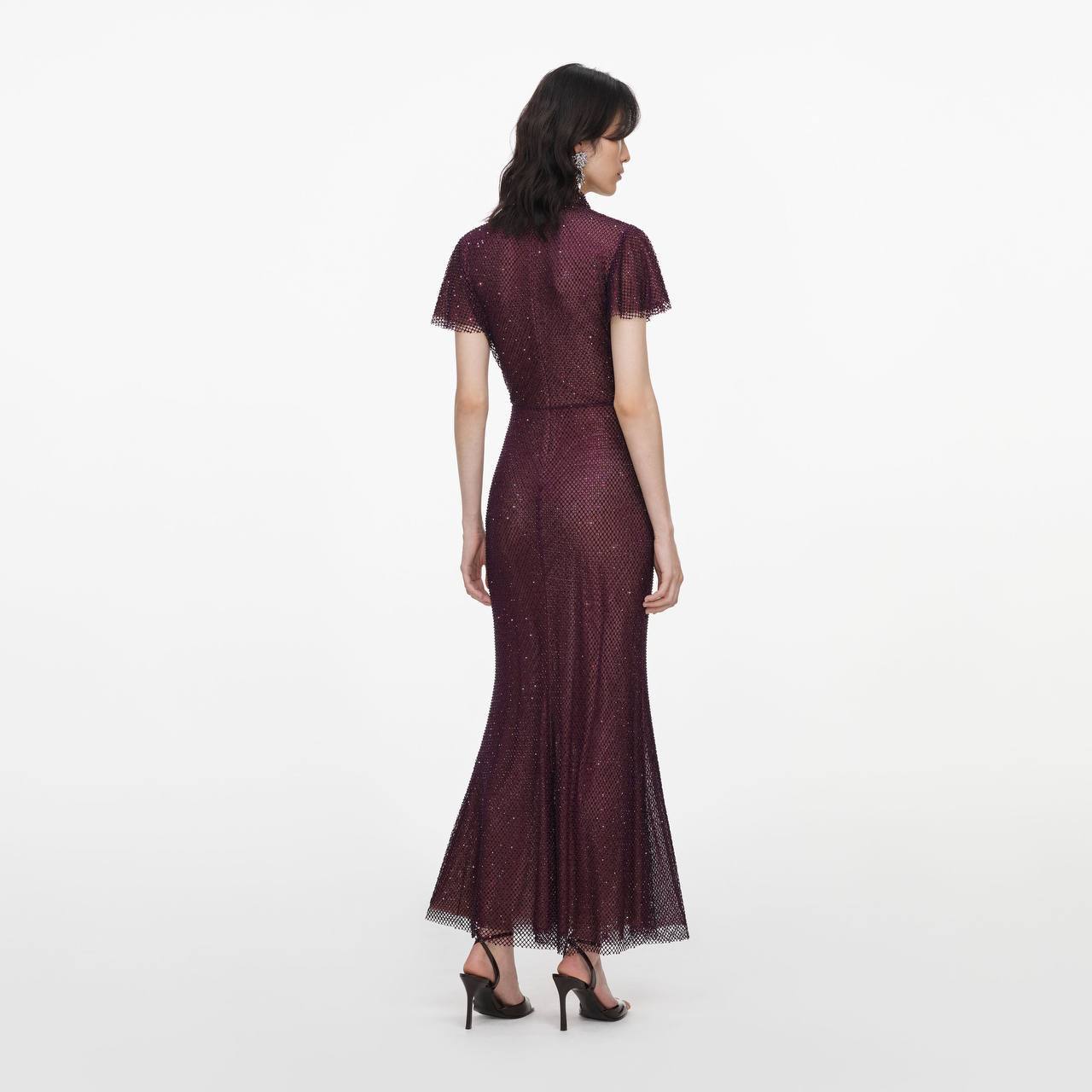 SP Burgundy Rhinestone Fishnet Midi Dress