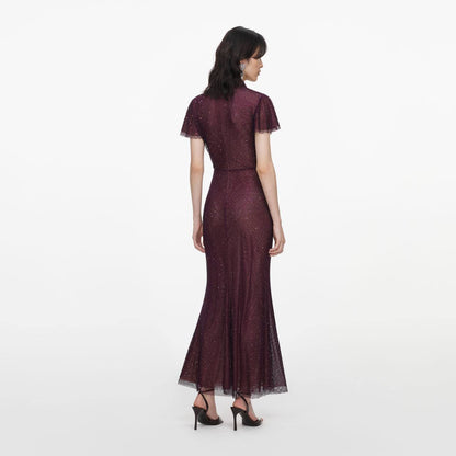 SP Burgundy Rhinestone Fishnet Midi Dress
