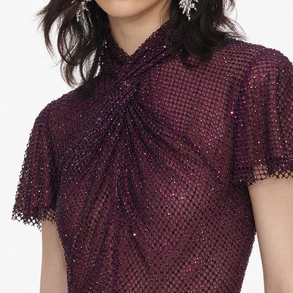 SP Burgundy Rhinestone Fishnet Midi Dress
