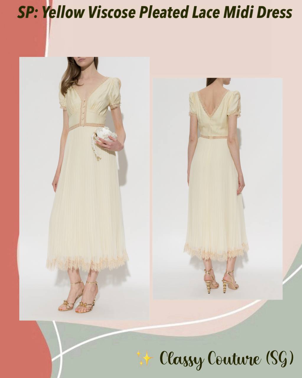 SP Yellow Viscose Pleated Lace Midi Dress
