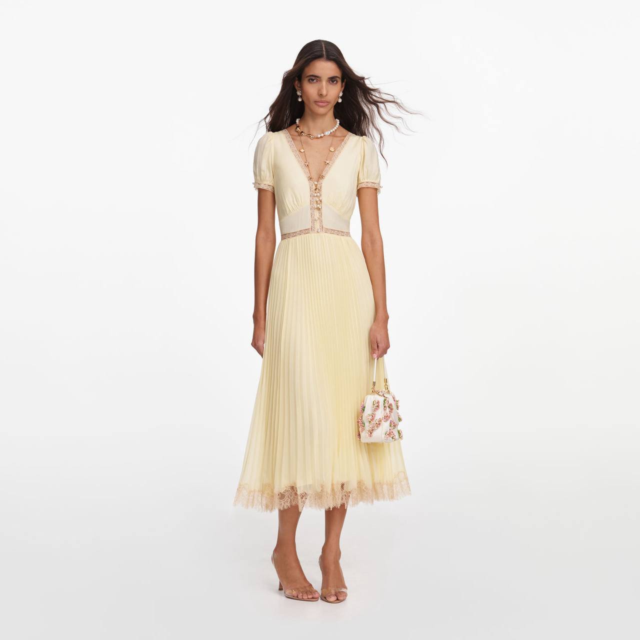 SP Yellow Viscose Pleated Lace Midi Dress
