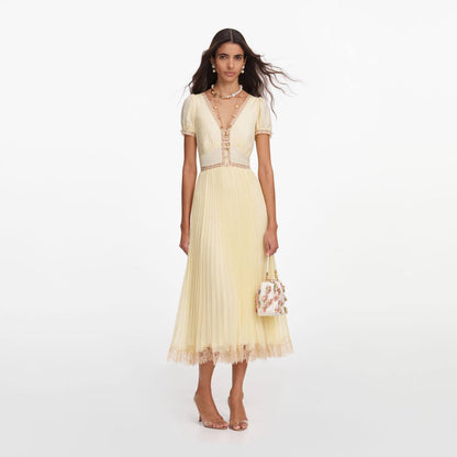 SP Yellow Viscose Pleated Lace Midi Dress